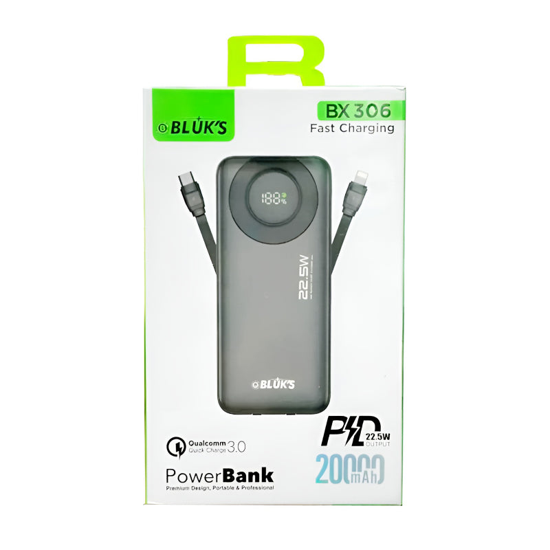 BX-306 20000mAh SwiftCharge Power Bank – 22.5W Fast Charging, PD & QC 3.0, Type-C & Lightning Built-in Cables, Digital Battery Display