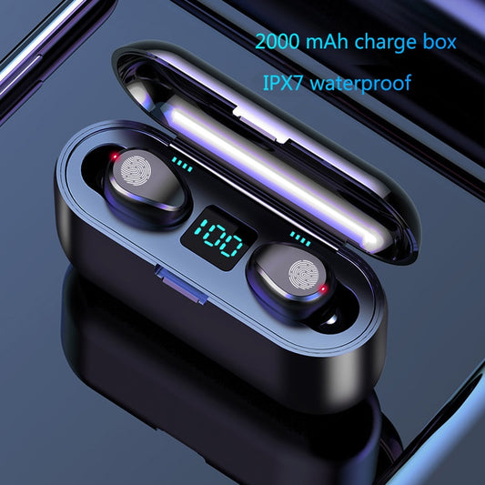 Wireless earbuds in a charging case with digital display, 2000 mAh charge box, and IPX7 waterproof text.