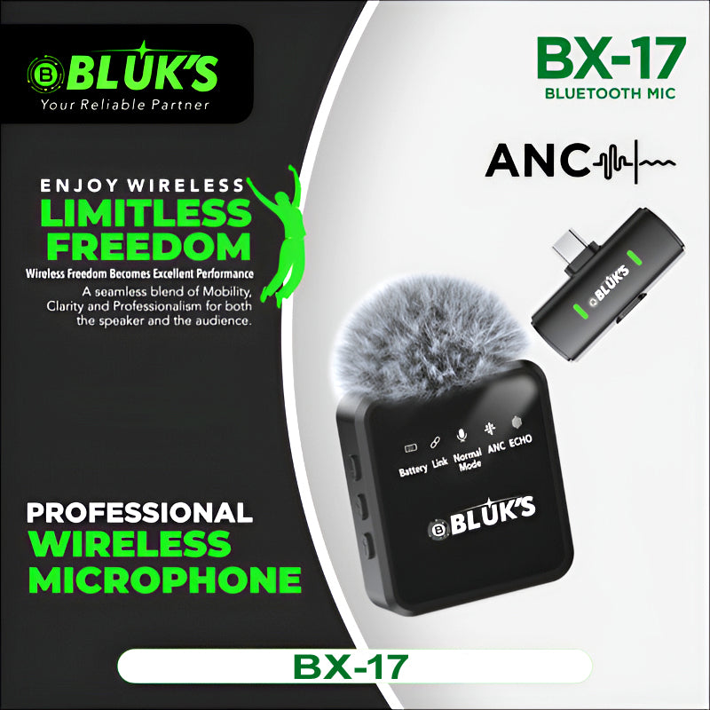 BLUK’S BX-17 Bluetooth Wireless Lavalier Microphone – ANC Lapel Mic for Vlogging & Live Streaming