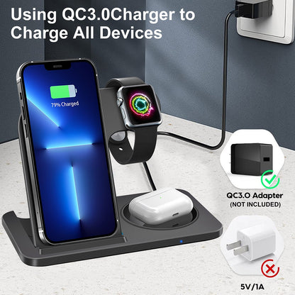 Multi-device charging stand with smartphone, smartwatch, and wireless earbuds, featuring QC3.0 charger text.