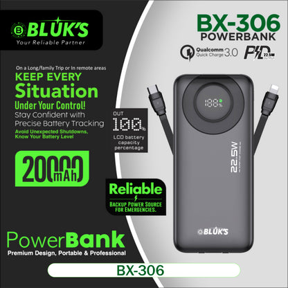 BX-306 20000mAh SwiftCharge Power Bank – 22.5W Fast Charging, PD & QC 3.0, Type-C & Lightning Built-in Cables, Digital Battery Display