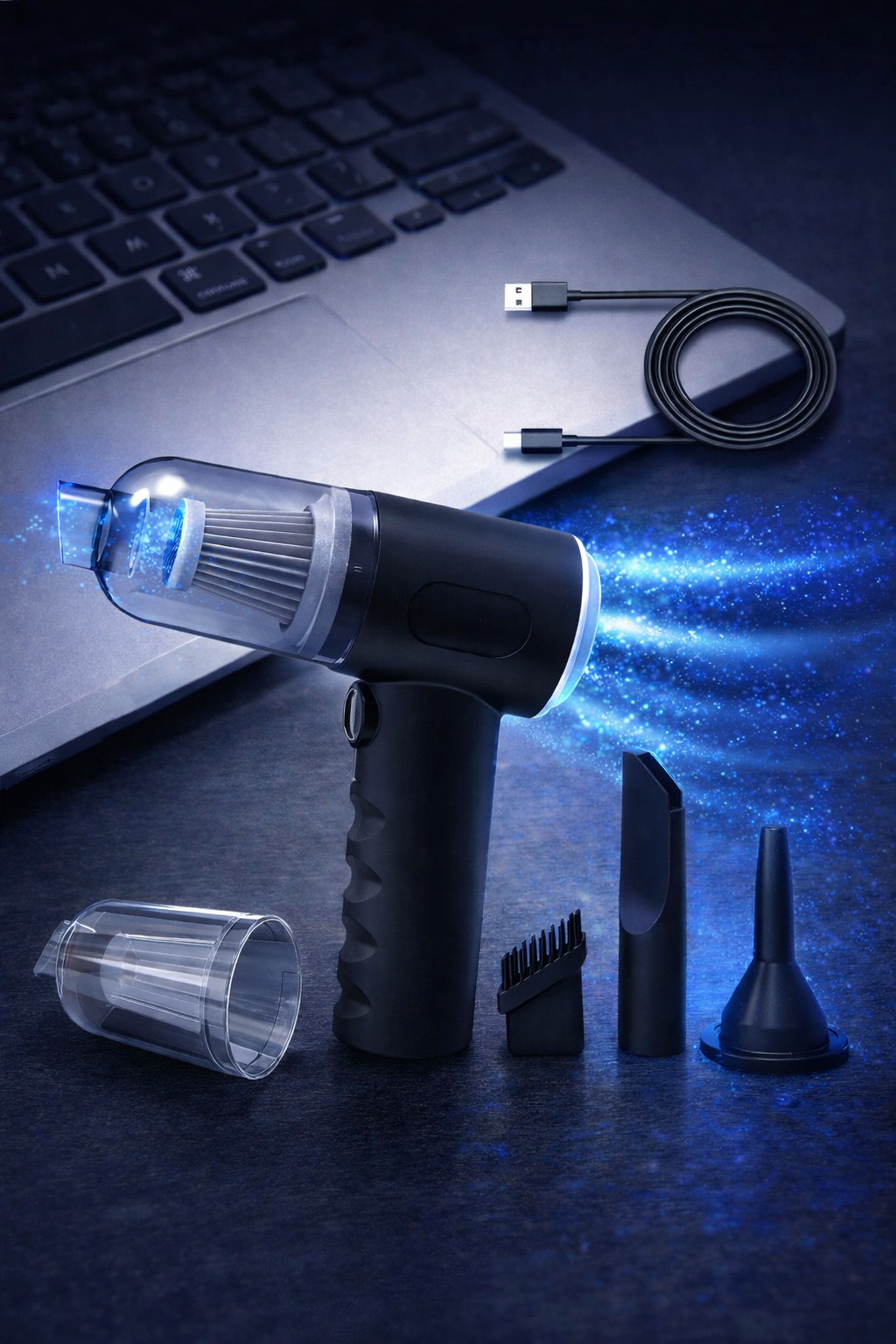 Black handheld vacuum cleaner with attachments on a dark surface next to a laptop.