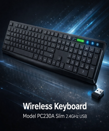 Black wireless keyboard with USB receiver on a dark background
