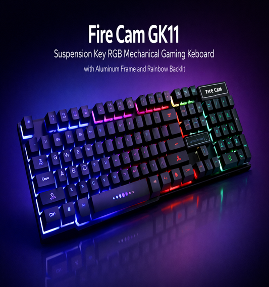 Fire Cam GK11 RGB mechanical gaming keyboard with colorful backlight on a dark background