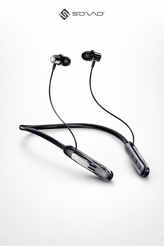 Black neckband headphones with in-ear components on a white background, featuring the SoVio brand.