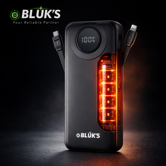 Black power bank with glowing interior and BLöUK'S branding on a dark background