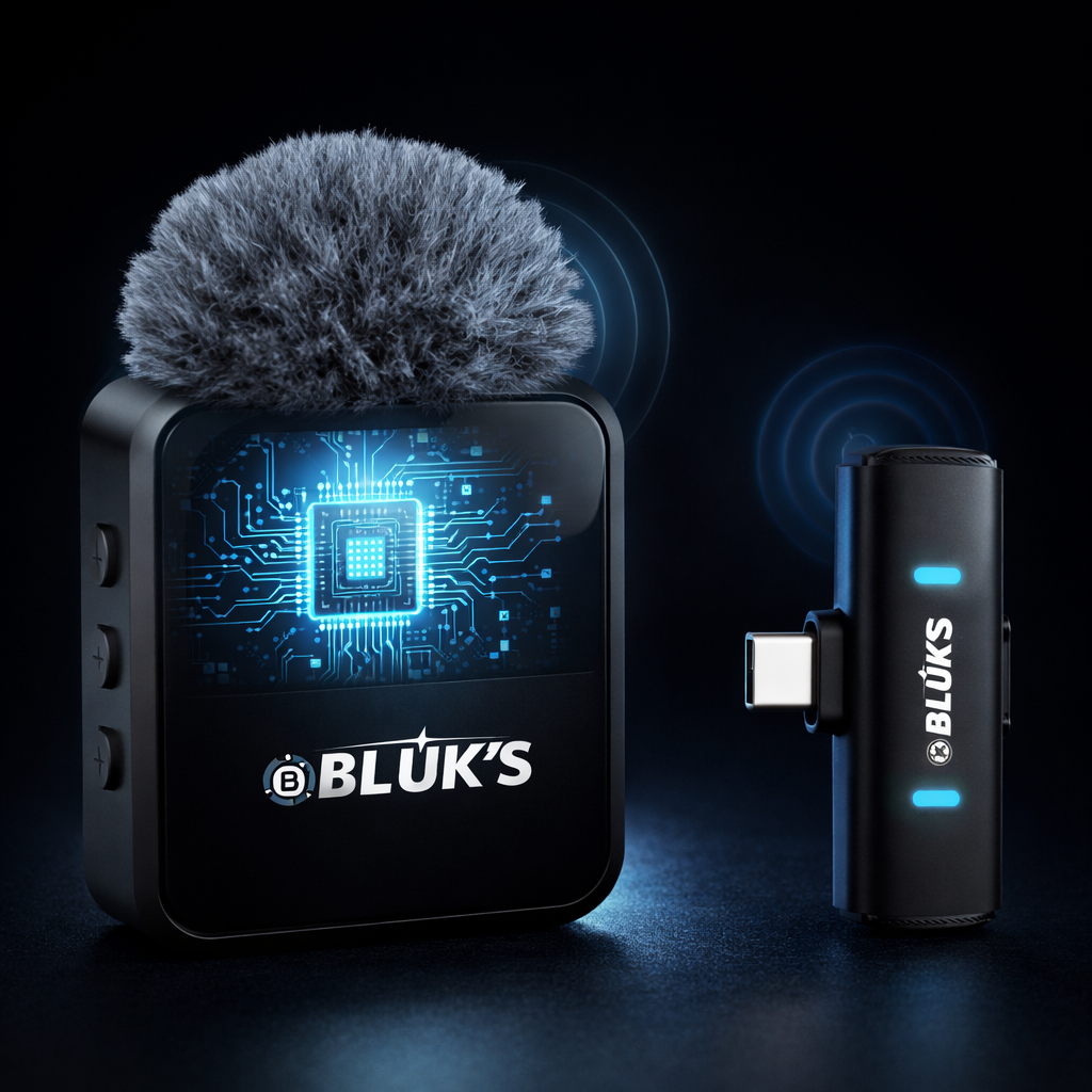 Bluk's digital microphone and receiver on a dark background