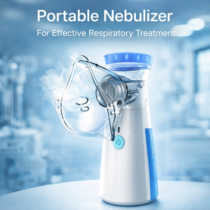 Portable nebulizer with a blue and white design on a blurred medical background