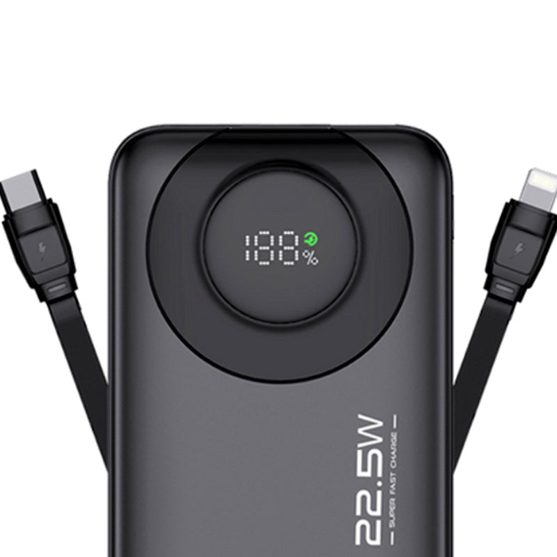 BX-306 20000mAh SwiftCharge Power Bank – 22.5W Fast Charging, PD & QC 3.0, Type-C & Lightning Built-in Cables, Digital Battery Display